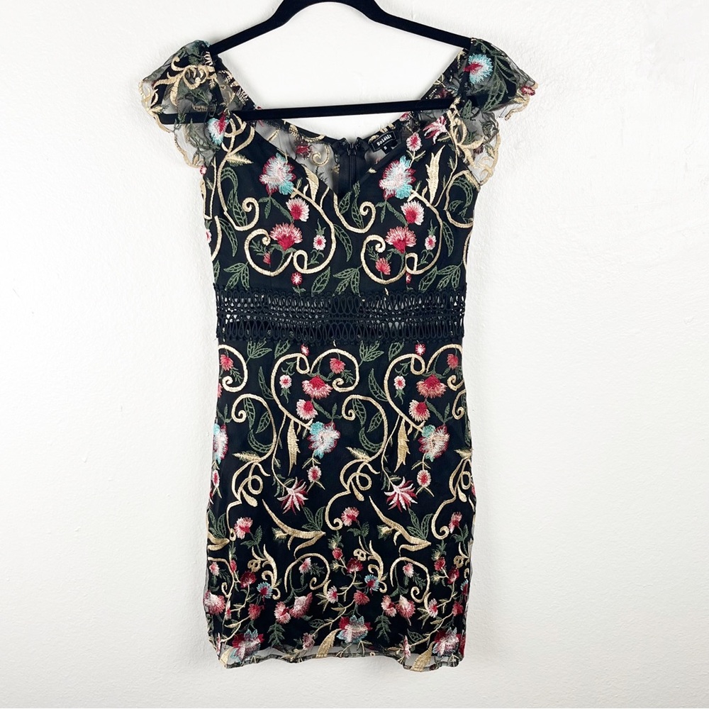 SOIEBLU Black Lace Crochet Embroidered Sheer On/Off Shoulder Dress Small Boho